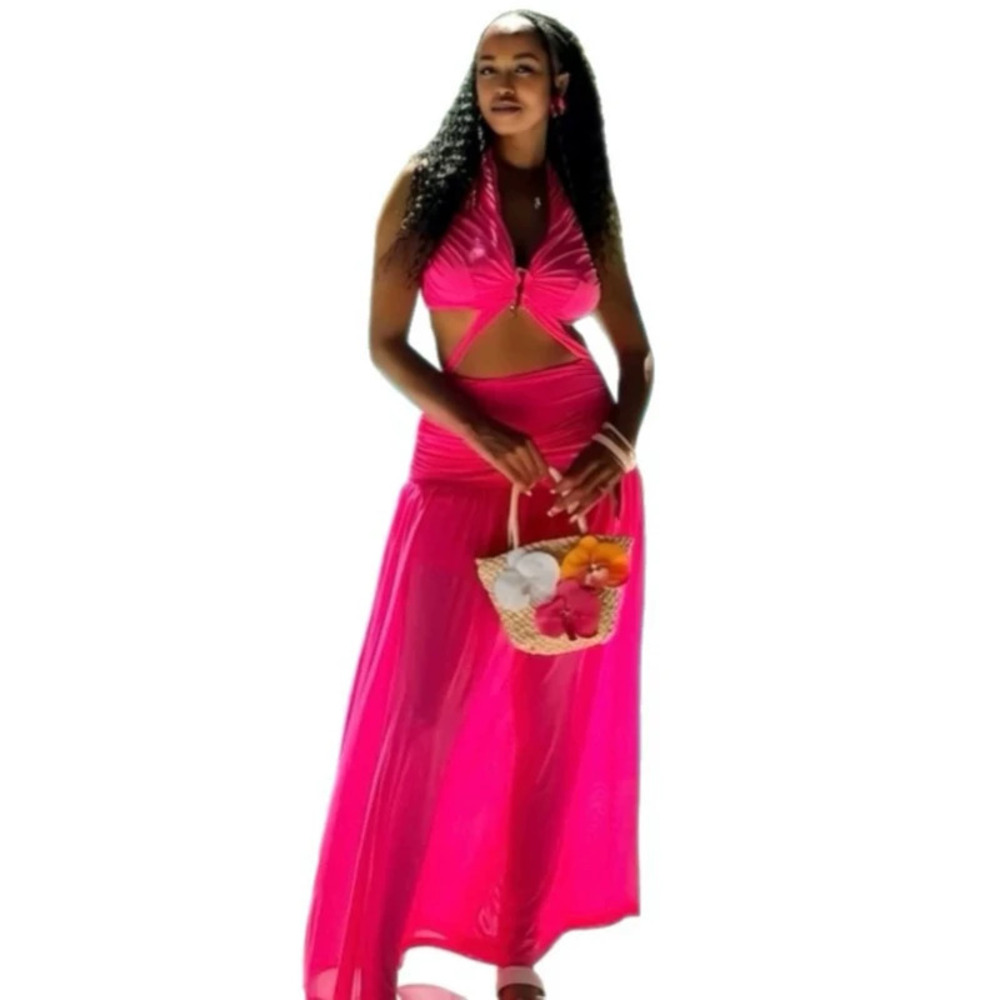 ZARA Sexy Halter Neck Mesh Cutout Metal Trim African Fashion Maxi Dress